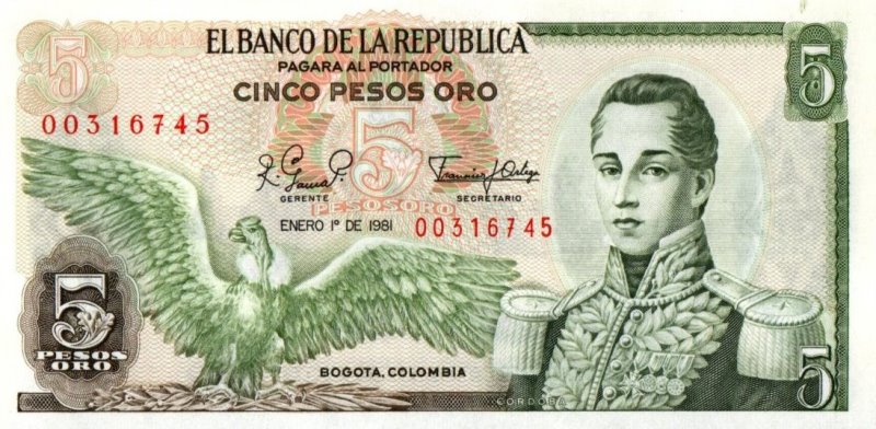 Bank Of Colombia - 5 Pesos 1981, UNC