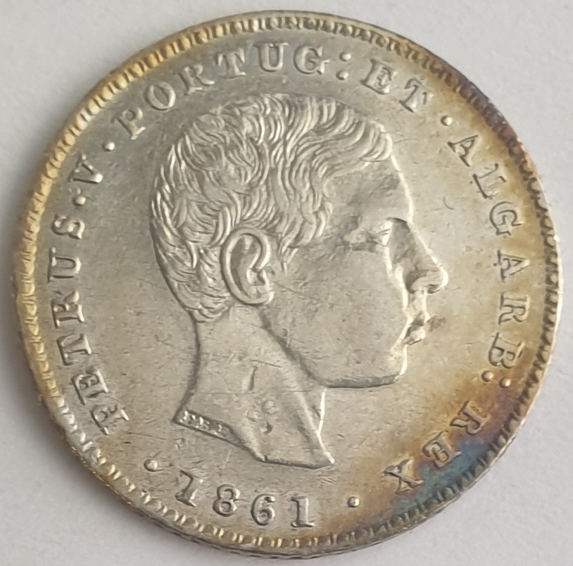 Portugal - 100 Reis 1861, Pedro V, Silver 