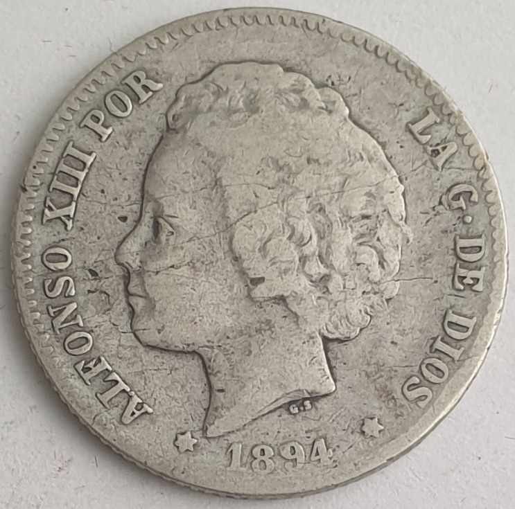 Spain - 1 Peseta 1894, Alfonso XIII, Silver