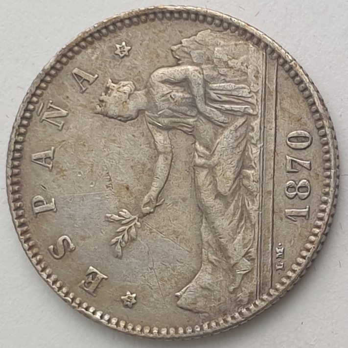 Spain - 1 Peseta 1870, Provisional Government ESPAÑA, Silver