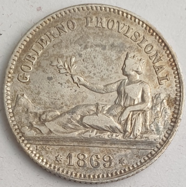 Spain - 1 Peseta 1869, Provisional Government, Silver 