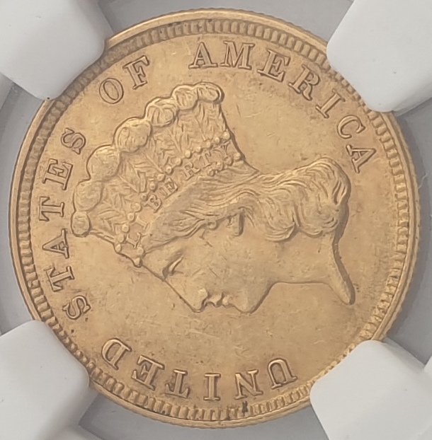 USA - 3 Dollars 1854 (AU 58), Indian Princess Head